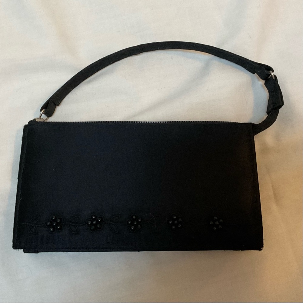 La Regale Black Satin Rectangle Mini Purse Bag Vintage c2004 y2k Beaded Flowers
